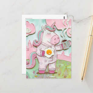 Carte Postale Cute Unicorn avec café et oeuf