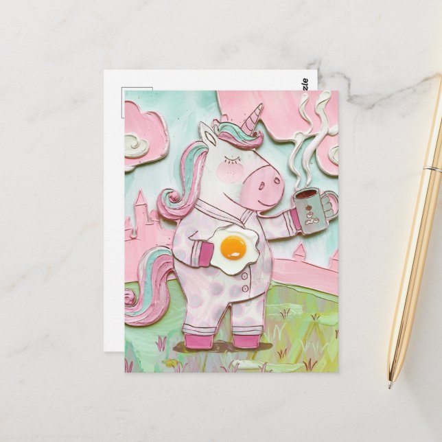 Carte Postale Cute Unicorn avec café et oeuf (Devant/Arrière en situation)