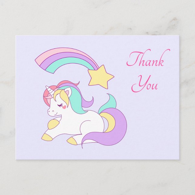 Carte Postale Cute Unicorn avec Merci d'étoile de tir coloré (Devant)