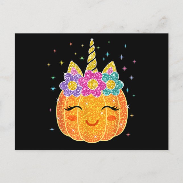 Carte Postale Cute Unicorn Citrouille Halloween Thanksgiving (Devant)