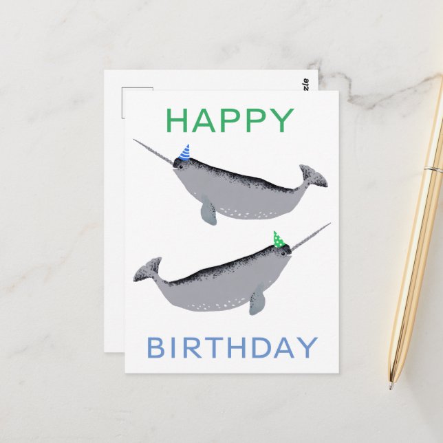 Carte Postale Cute Unicorn Narwhal Whaley Joyeux Anniversaire (Devant/Arrière en situation)