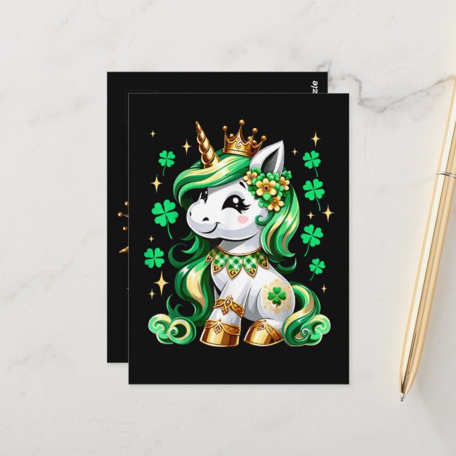 Carte Postale Cute Unicorn Shamrock St Patricks Day  (Devant/Arrière en situation)