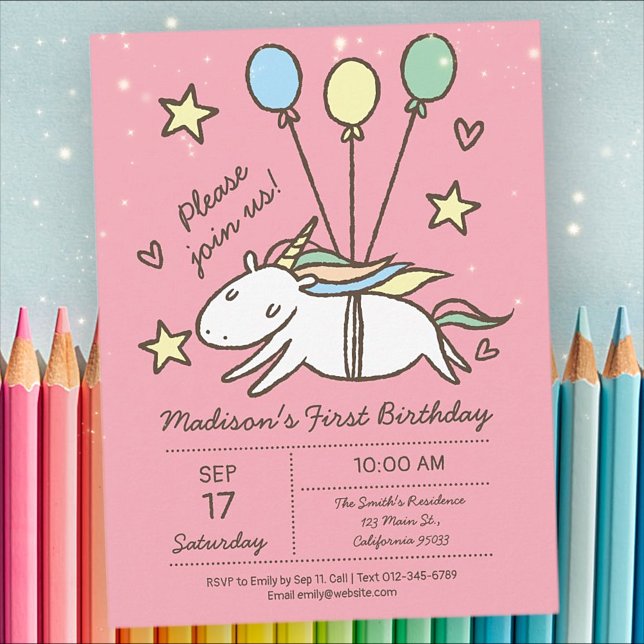 Carte Postale Cute Unicorn volant sur des ballons Anniversaire (Créateur téléchargé)