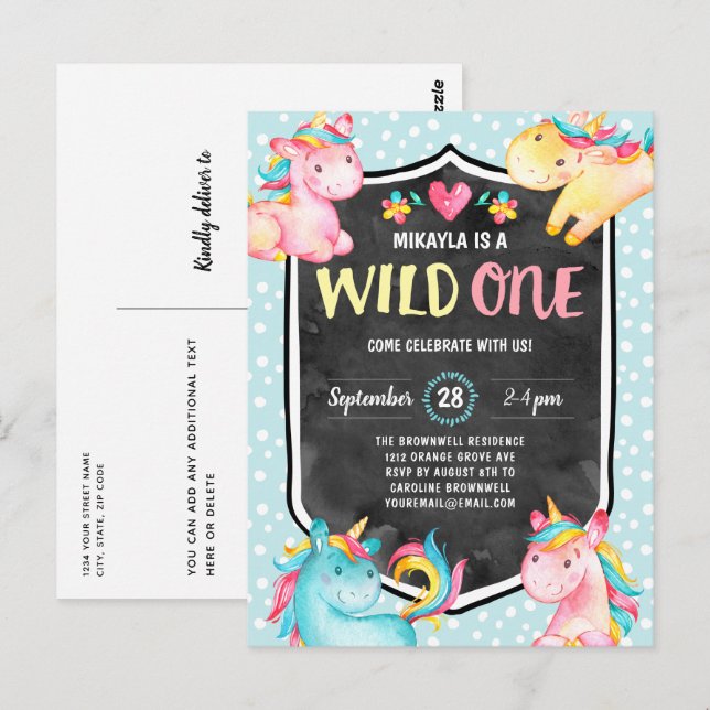 Carte Postale Cute Unicorn Wild One 1ère fête d'anniversaire (Devant / Derrière)