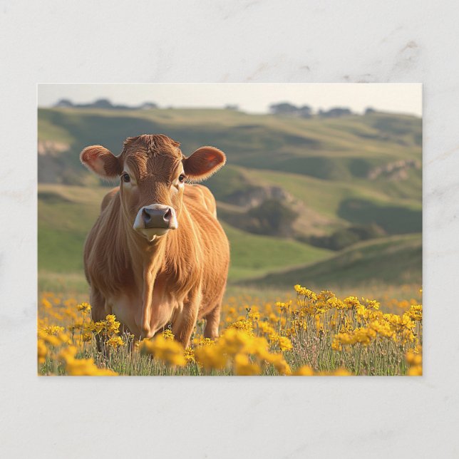 Carte Postale Cute Vache Laitière Jaune Fleurs sauvages (Devant)