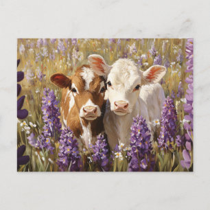 Carte Postale Cute Vaches Laitières Calves Lupines Fleurs