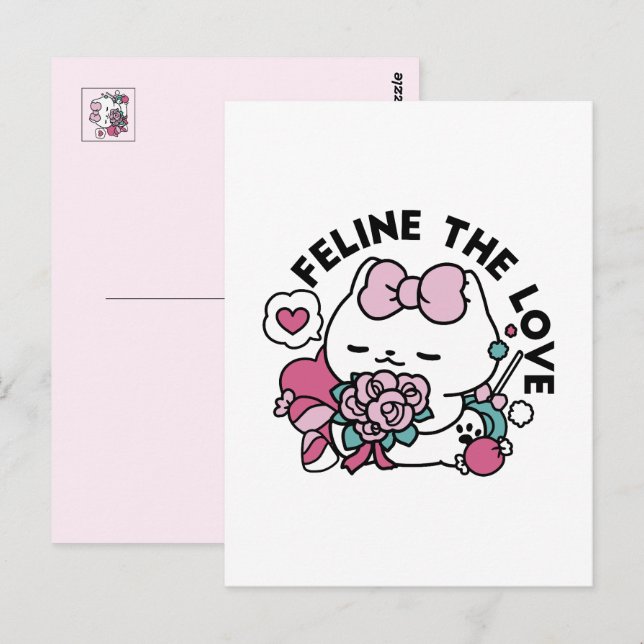 Carte Postale Cute Valentine's Cat Design - Feline the Love (Devant / Derrière)