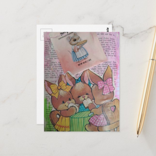 Carte Postale Cute Vintage Bunnies and Mouse Collage (Devant/Arrière en situation)