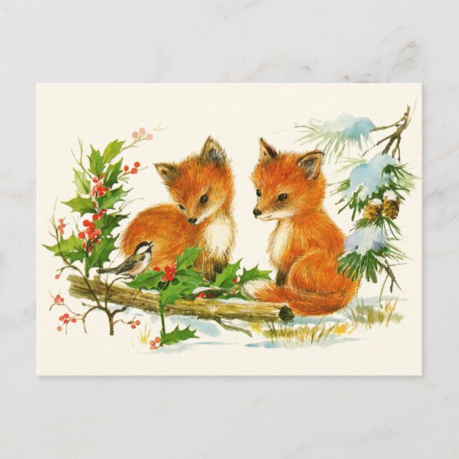 Carte Postale Cute Vintage Foxes Retro Christmas Scene (Devant)