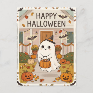 Carte Postale Cute Vintage Halloween Ghost & Pumpkins Postcard