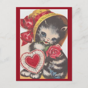 Carte Postale Cute Vintage Kitty Cat à Bonnet Valentine des anné
