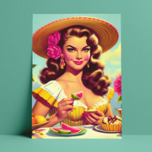 Carte Postale Cute Vintage Peinture à l'huile de portrait Pin-up