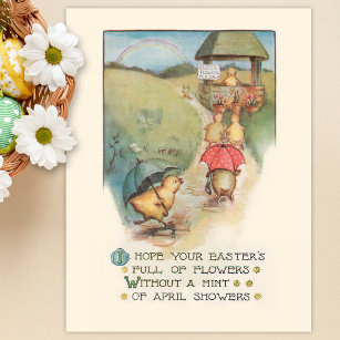 Carte Postale Cute Vintage poules de Pâques avec arc-en-ciel