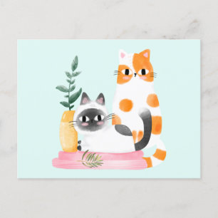 Carte Postale Cute Watercolor Chats et Plantes