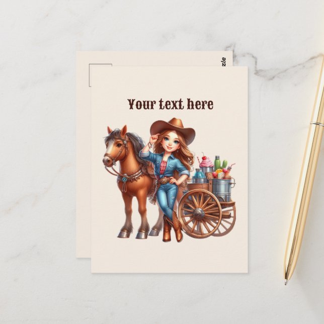 Carte Postale Cute Western Cowgirl ajouter un message (Devant/Arrière en situation)