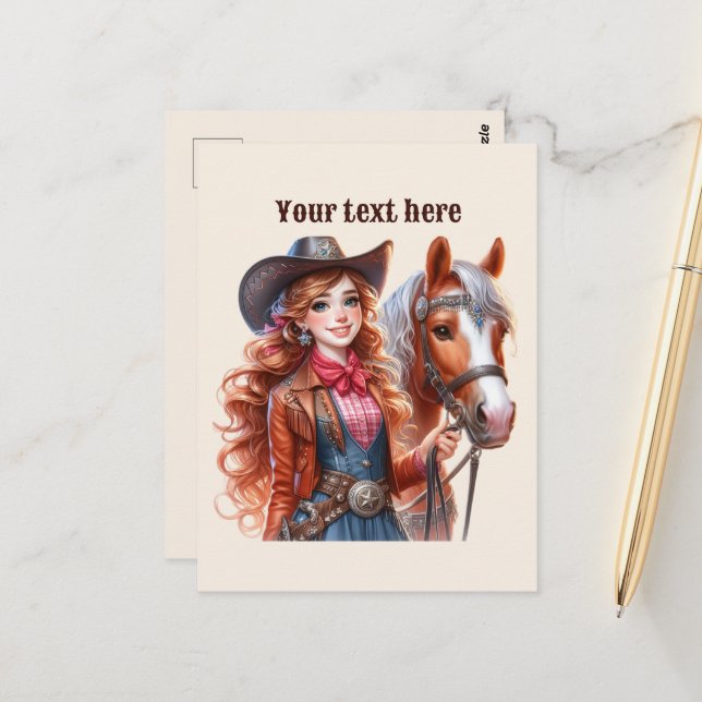 Carte Postale Cute Western Cowgirl ajouter un message (Devant/Arrière en situation)