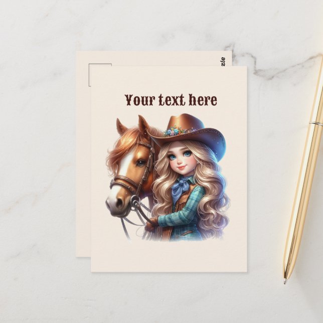 Carte Postale Cute Western Cowgirl ajouter un message (Devant/Arrière en situation)