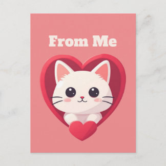 Carte Postale Cute White Cat with Heart Kawaii Kitty Love Design