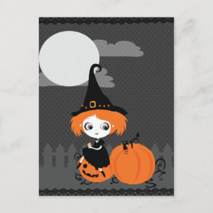 Carte Postale Cute Witch Orange Pumpkin Postcard