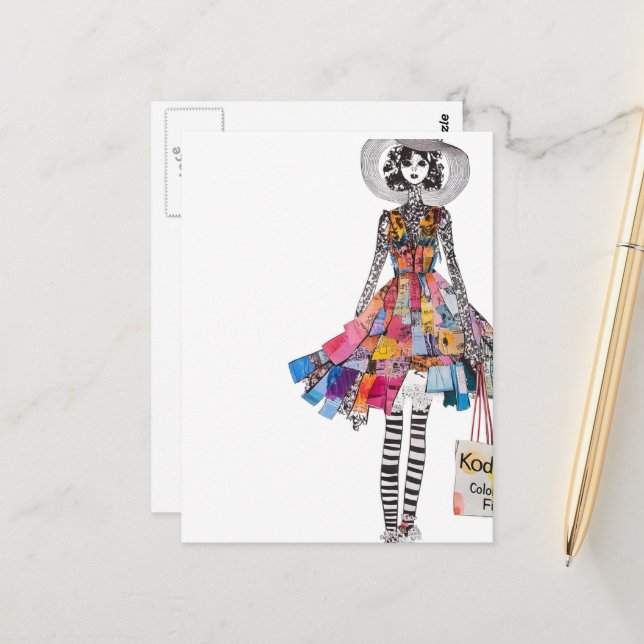 Carte Postale Cute Woman in Collage Fashions Outfit (Devant/Arrière en situation)