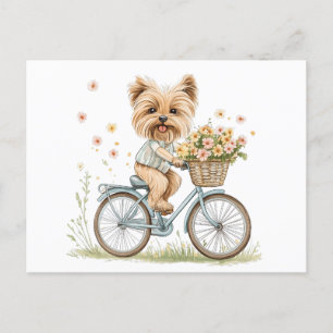 Carte Postale Cute Yorkie Chien Vélo Fleurs de printemps