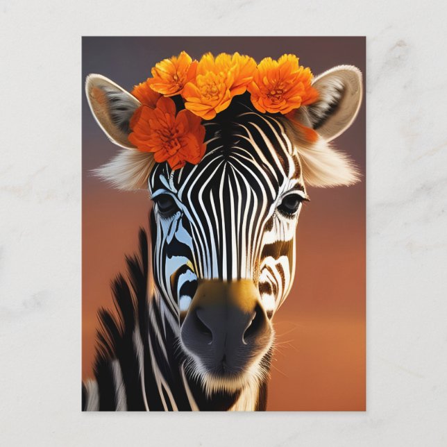 Carte Postale Cute Zebra portant des fleurs orange (Devant)