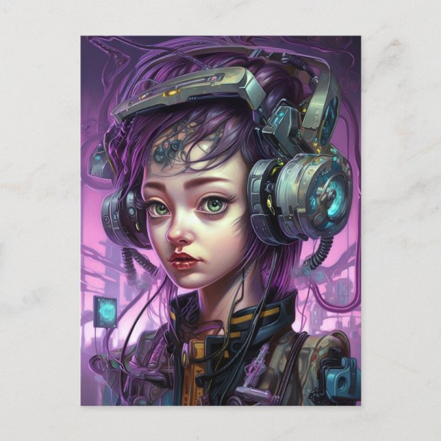 Carte Postale Cyberpunk mignonne violet fille Science Fiction (Devant)