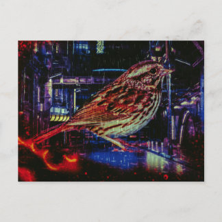 Carte Postale Cyberpunk Sparrow dans Neon Cityscape