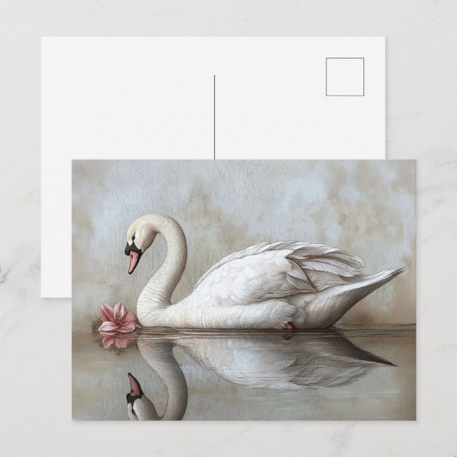 Carte Postale Cygne avec une peinture à fleurs rose vif (Devant / Derrière)