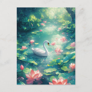 Carte Postale Cygne blanc élégant dans un étang de lotus rose