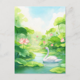 Carte Postale Cygne blanc élégant dans un étang de lotus rose