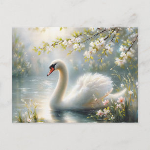Carte Postale Cygne de printemps nageant sur les fleurs de lac