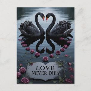 Carte Postale Cygnes noirs romantiques, reflet du cœur avec text