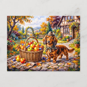 Carte Postale Dachshund assis à côté des pommes citrouilles Auto