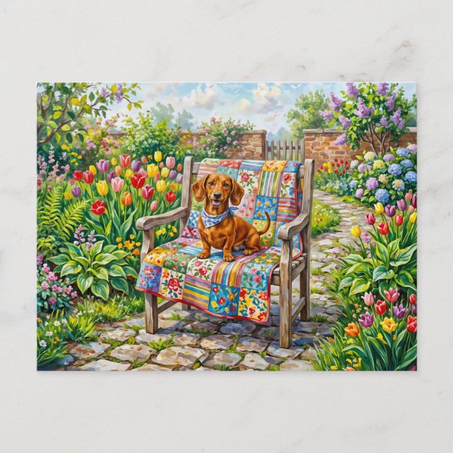 Carte Postale Dachshund assis sur une chaise de jardin patchwork (Devant)