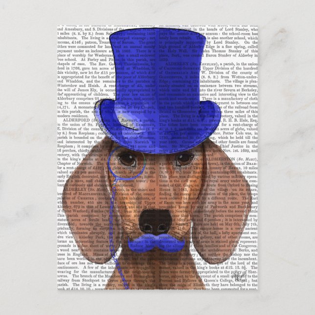 Carte Postale Dachshund avec chapeau bleu et moustache bleue (Devant)