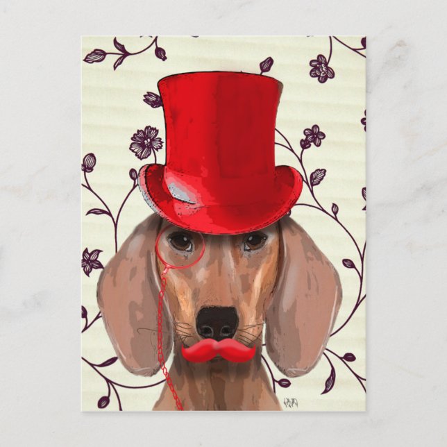 Carte Postale Dachshund Avec Chapeau Rouge Haut (Devant)