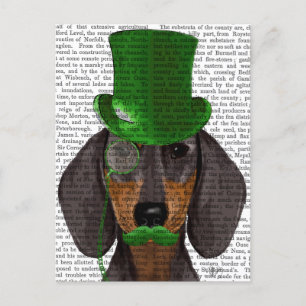 Carte Postale Dachshund avec Chapeau Vert Haut Chapeau Noir Tan