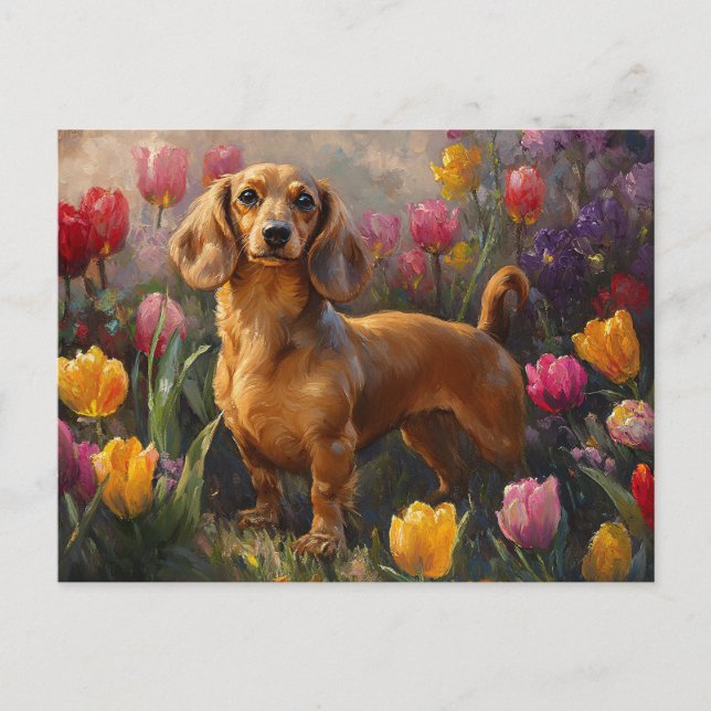 Carte Postale Dachshund avec peinture des tulipes de printemps (Devant)