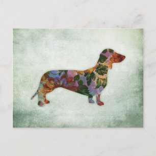Carte Postale Dachshund Chien Floral Sur Vert