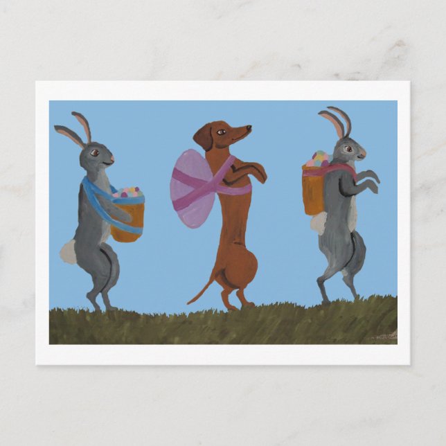 Carte Postale Dachshund de Pâques et lapins en marche (Devant)