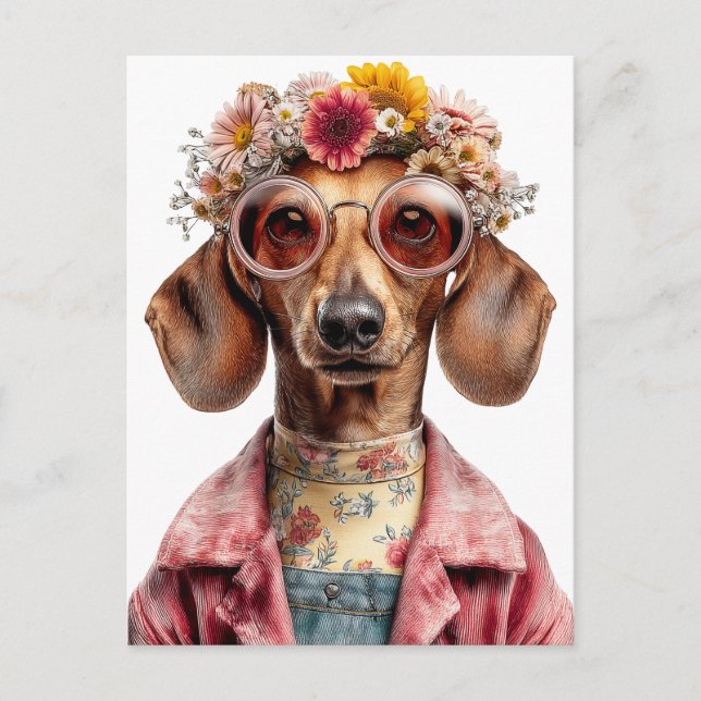 Carte Postale Dachshund Floral de Style Vintage (Devant)