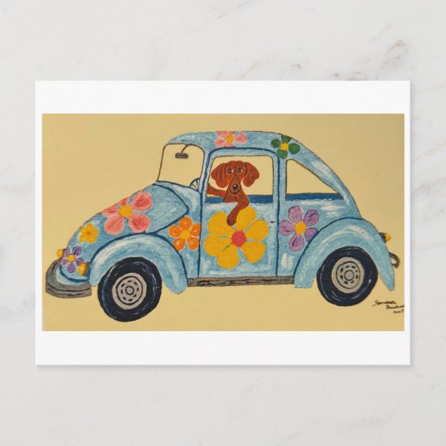 Carte Postale Dachshund in Hippie car (Devant)