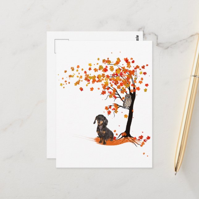 Carte Postale Dachshund Owl Et Fall Tree Dachshund Lover Automne (Devant/Arrière en situation)