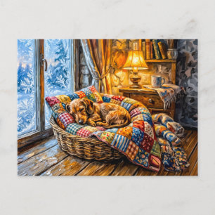 Carte Postale Dachshund se reposant dans un panier de fenêtre d'