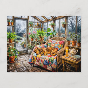 Carte Postale Dachshund se reposant sur une chaise patchwork à l