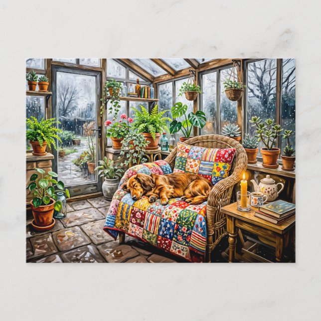 Carte Postale Dachshund se reposant sur une chaise patchwork à l (Devant)