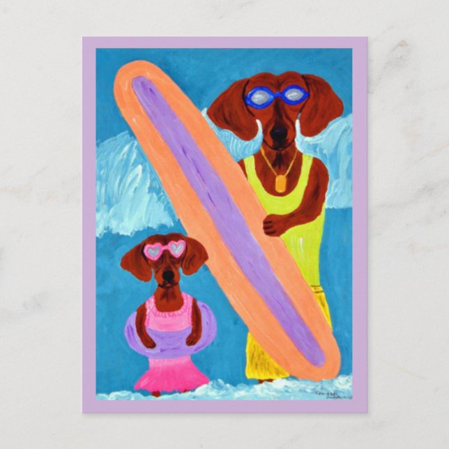 Carte Postale Dachshund surfeur avec chiot (Devant)