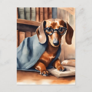 Carte Postale Dachshund vintage dans l'ancienne bibliothèque
