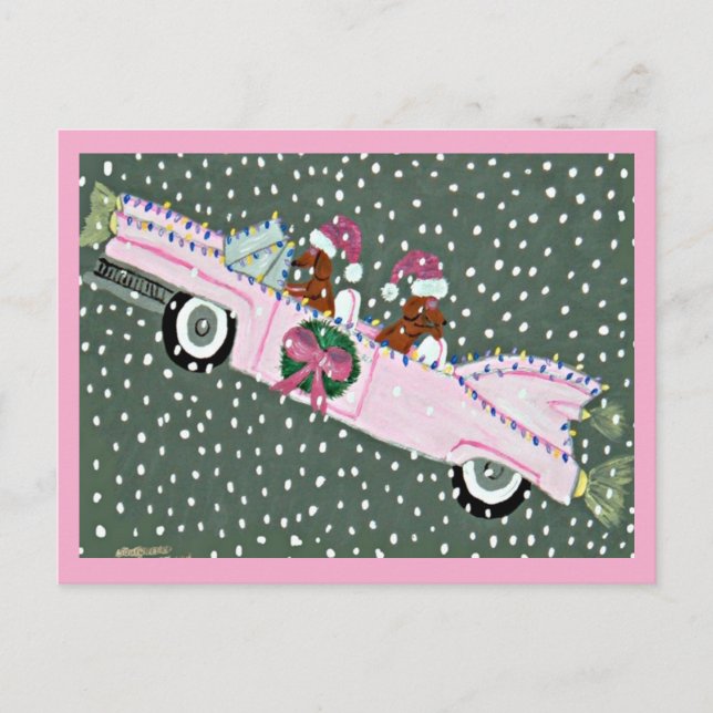 Carte Postale Dachshunds à Noël dans une décapotable rose (Devant)